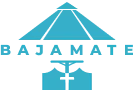 BajaMate logo with a stylish baja shelf umbrella and solar-powered canopy, featuring an aluminum poolside table and baja shelf adapter, in aqua blue and sunset orange, symbolizing luxury pool accessories.