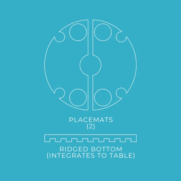 Vibrant BajaMate silicone placemats in blue, red, and beige displayed on a 24" aluminum entertainment table, designed to reduce heat and protect surfaces, arranged neatly on a baja shelf with a sparkling pool in the background.