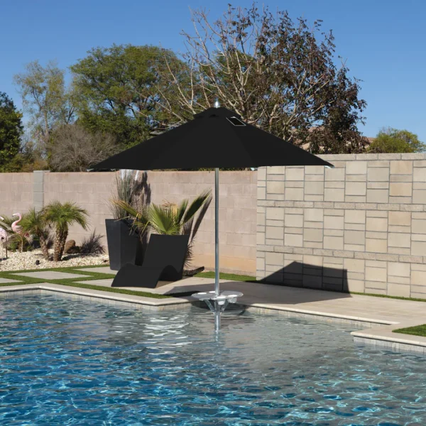 Close-up of a BajaMate Umbrella with a 2" silver aluminum pole and UV-resistant fabric in vibrant blue, showcasing its heavy-duty stainless steel crank mechanism and integrated 20-watt solar panel with a micro USB charging port for poolside use. The black umbrella